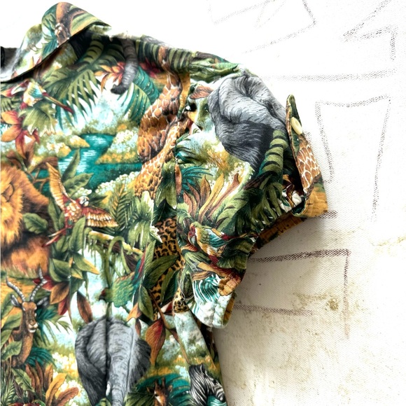 Green and brown jungle safari blouse with animal figures print. - Picture 8 of 8